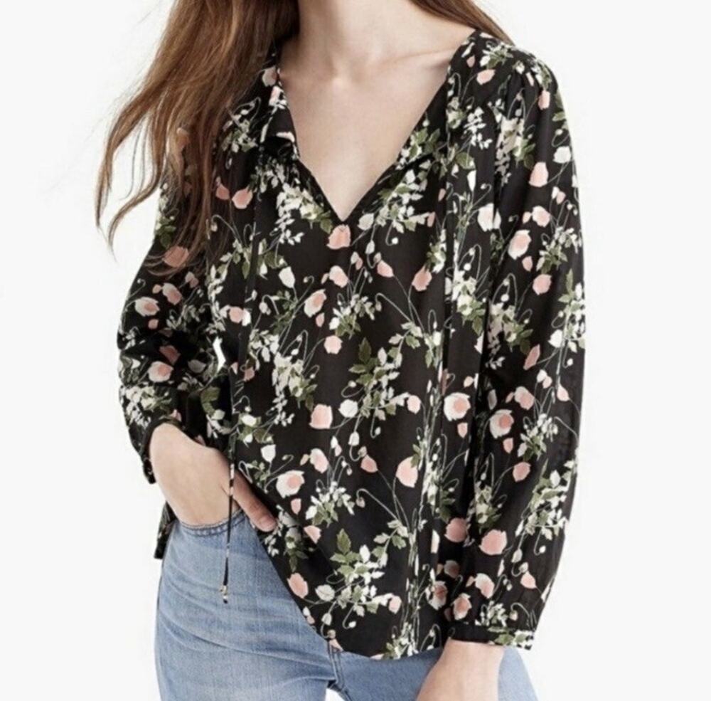 J.Crew x Liberty of London Black Floral Poppy Dream Peasant Blouse Sz.S